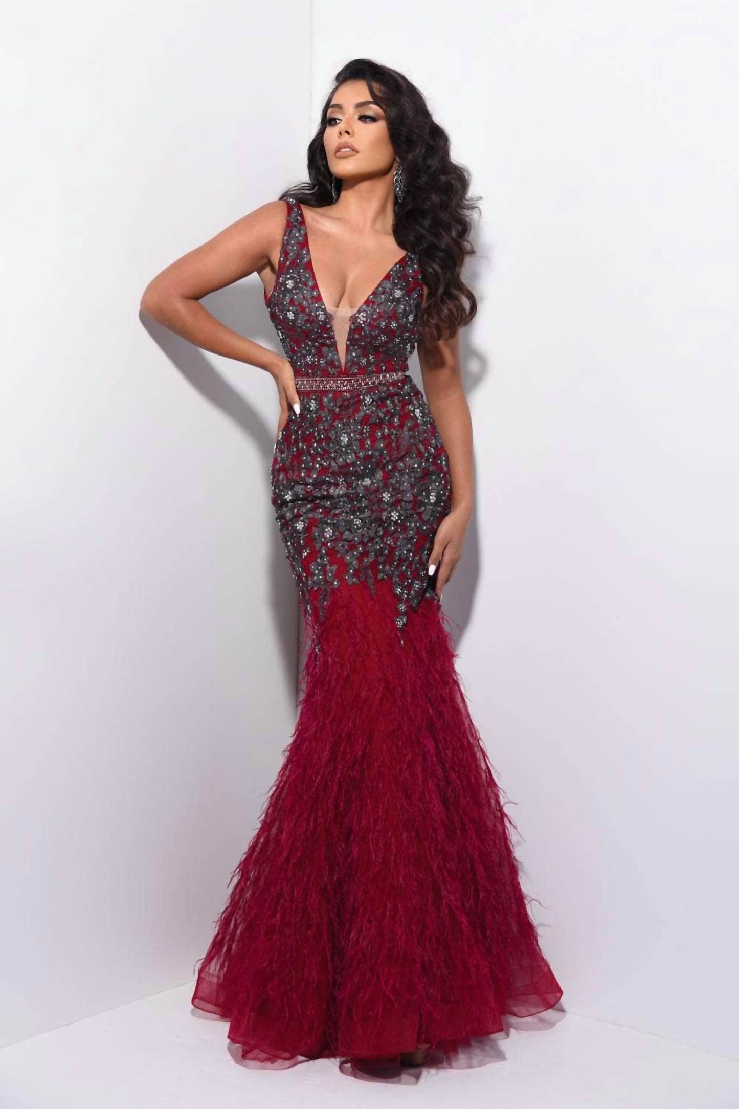 Floral Embroidered Deep V-neck Feathered Dress