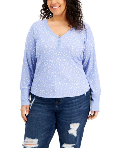 Trendy Plus Size Print Henley Top