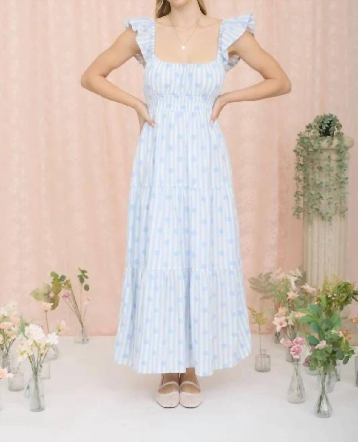 Stripe Floral Flounce Strap Tiered Midi Dress