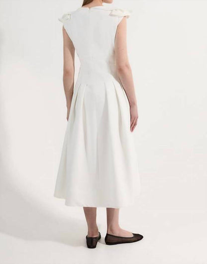 Structured Crepe Ruffle Shoulder Tailored Full Midi Dress