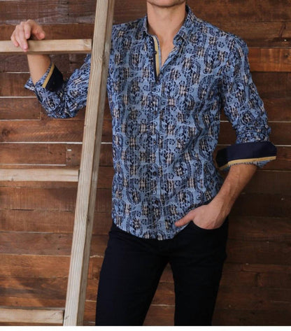 Long Sleeve Jacquard Button Down Shirt With Paisley Flocking