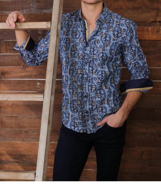 Long Sleeve Jacquard Button Down Shirt With Paisley Flocking