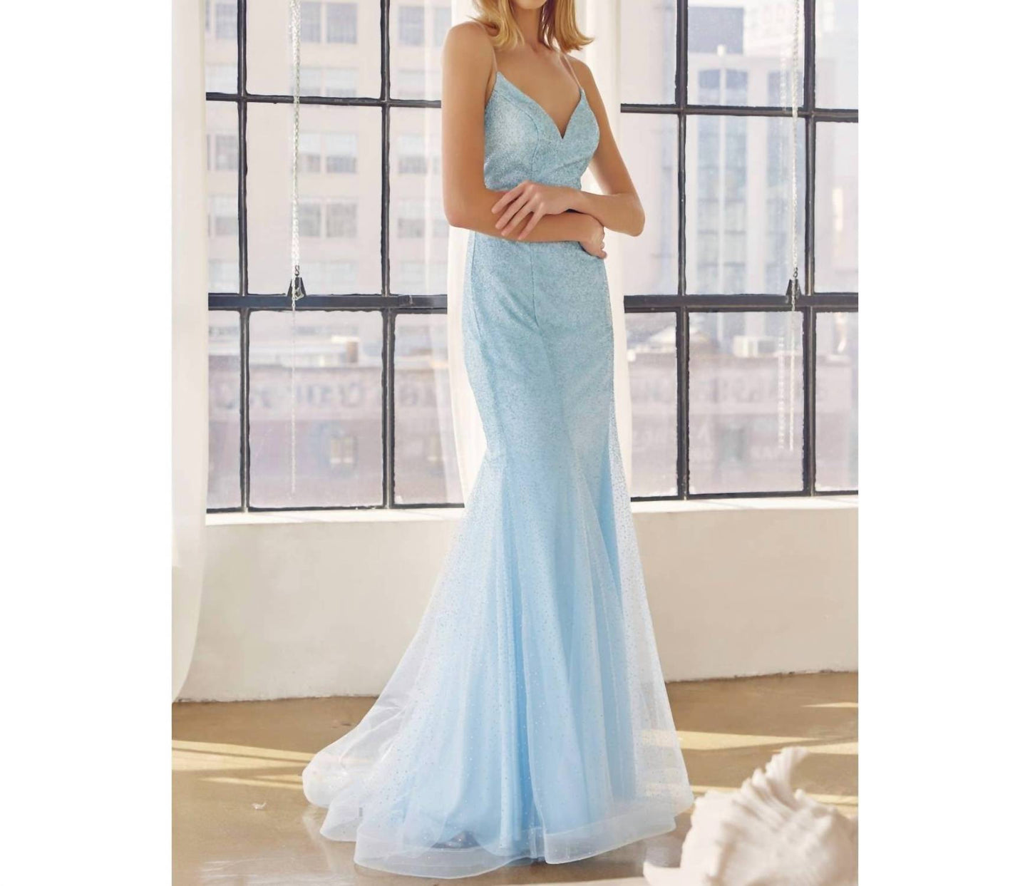 Glitter Mesh Fitted Evening Prom Gown