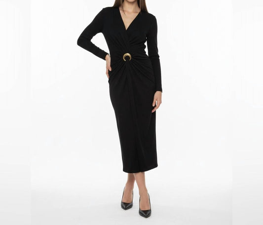 Gold Accent Long Sleeve Midi Dress