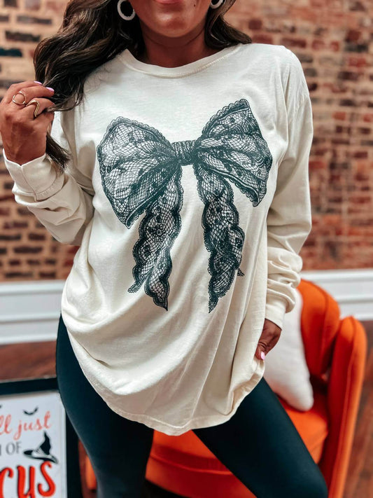 Birdie - Coquette Lace Bow Long Sleeve Graphic Tee - Rack Hunt -