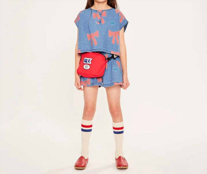 Girl Twill Denim Vela Bow Cotton Twill Top With Short Set