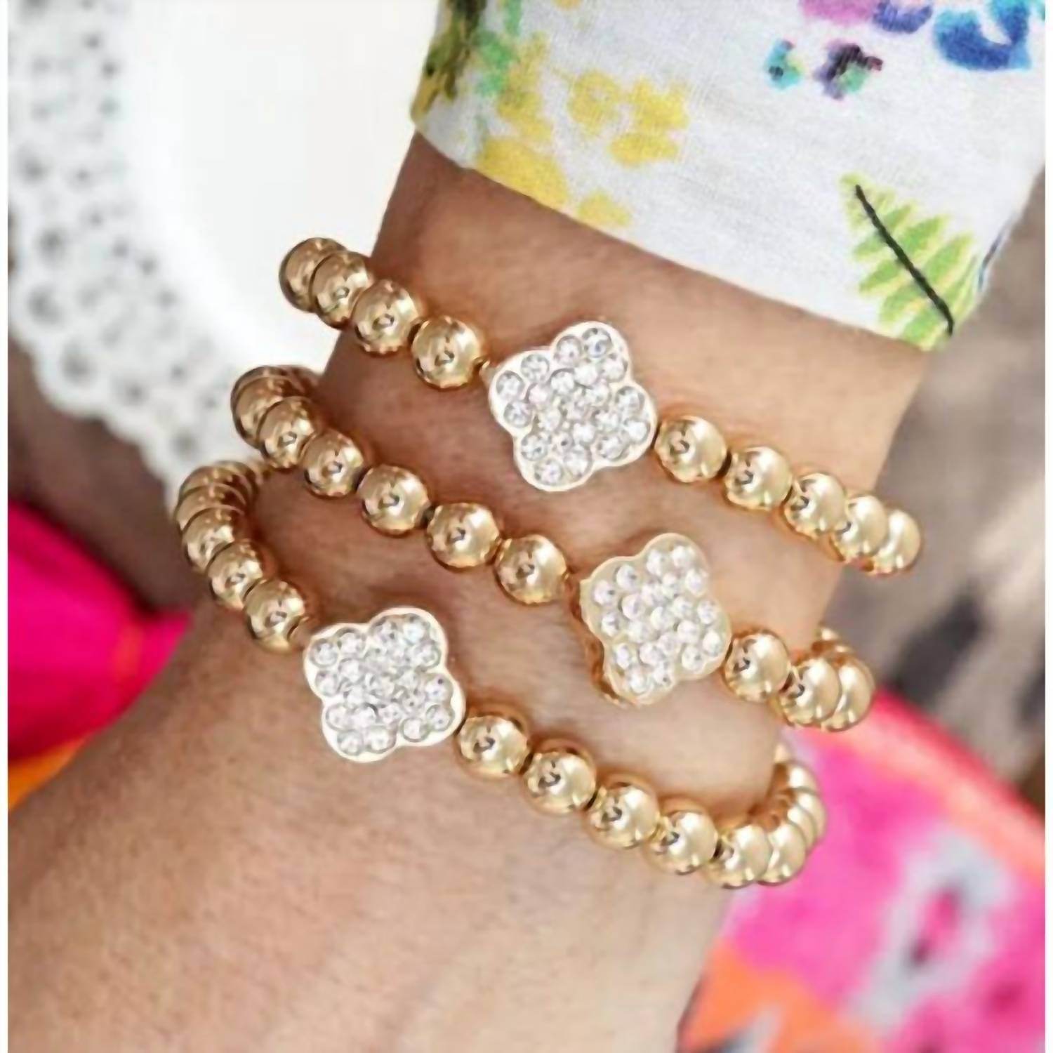PennyLine Inc - Women's Crystal Quatrefoil Bead Stretch Stack Of 3 Bracelet Set - Rack Hunt -