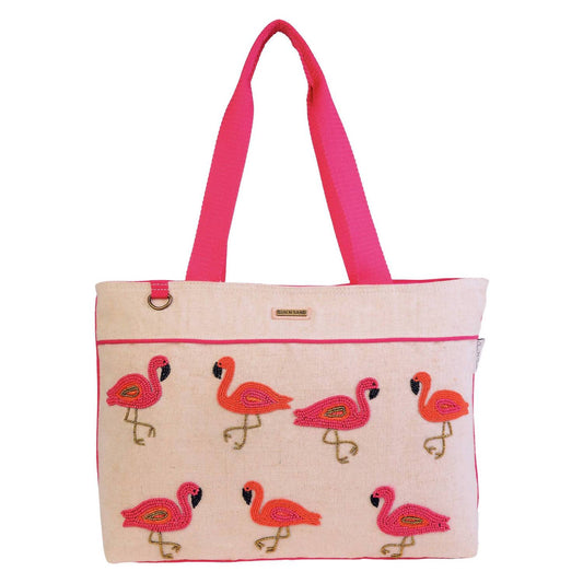 Women's Beaded Flamingo Shoulder Tote Bag