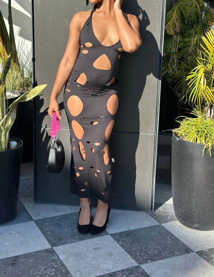 Don't Watch The Clock - Cut Out Halter Back Cut Out Maxi Dress