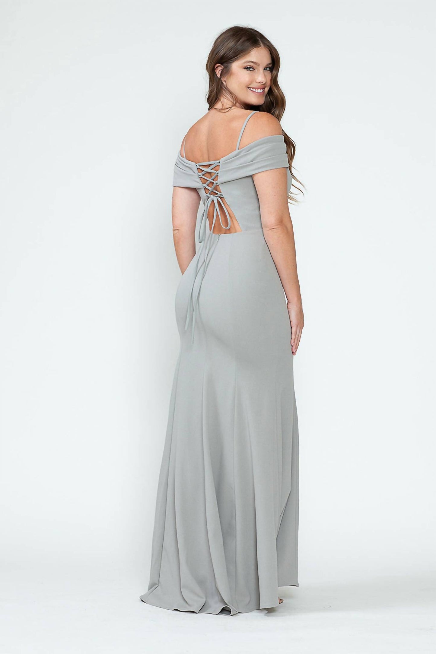 Crepe Fitted Off Shoulder Gown