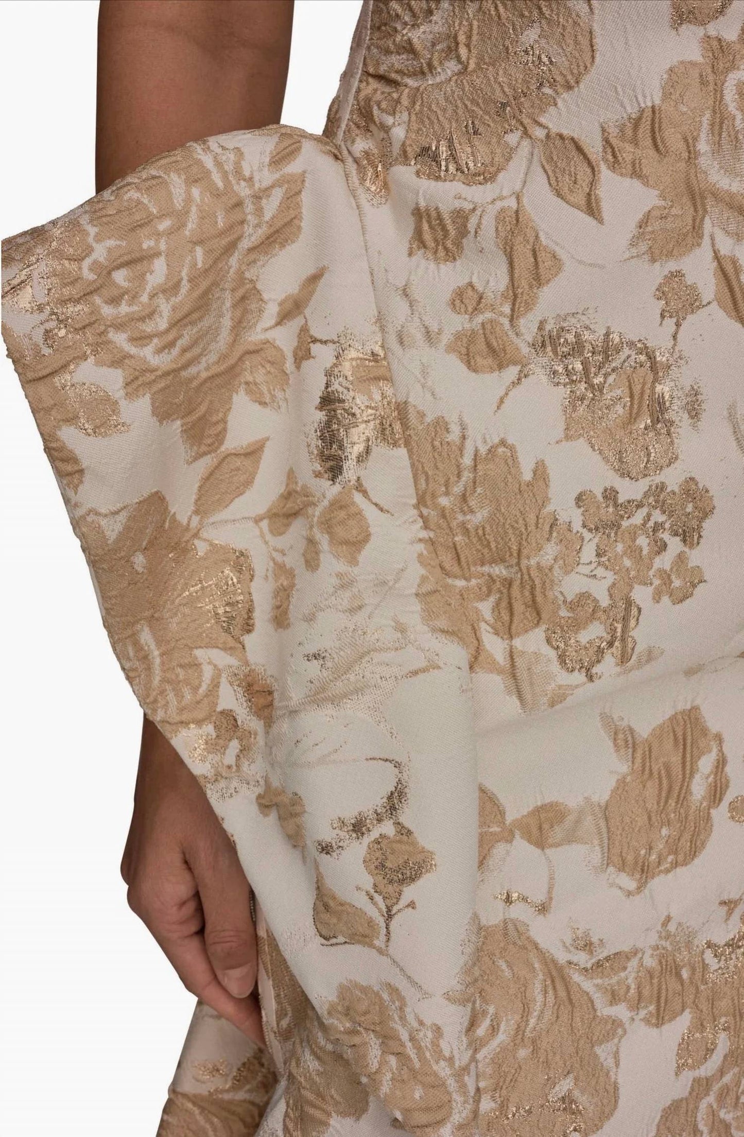 One Shoulder Cascading Ruffle Metallic Floral Gown