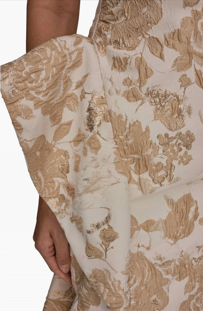 One Shoulder Cascading Ruffle Metallic Floral Gown