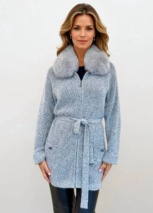 Long Zip Cardigan with Fox Fur Collar