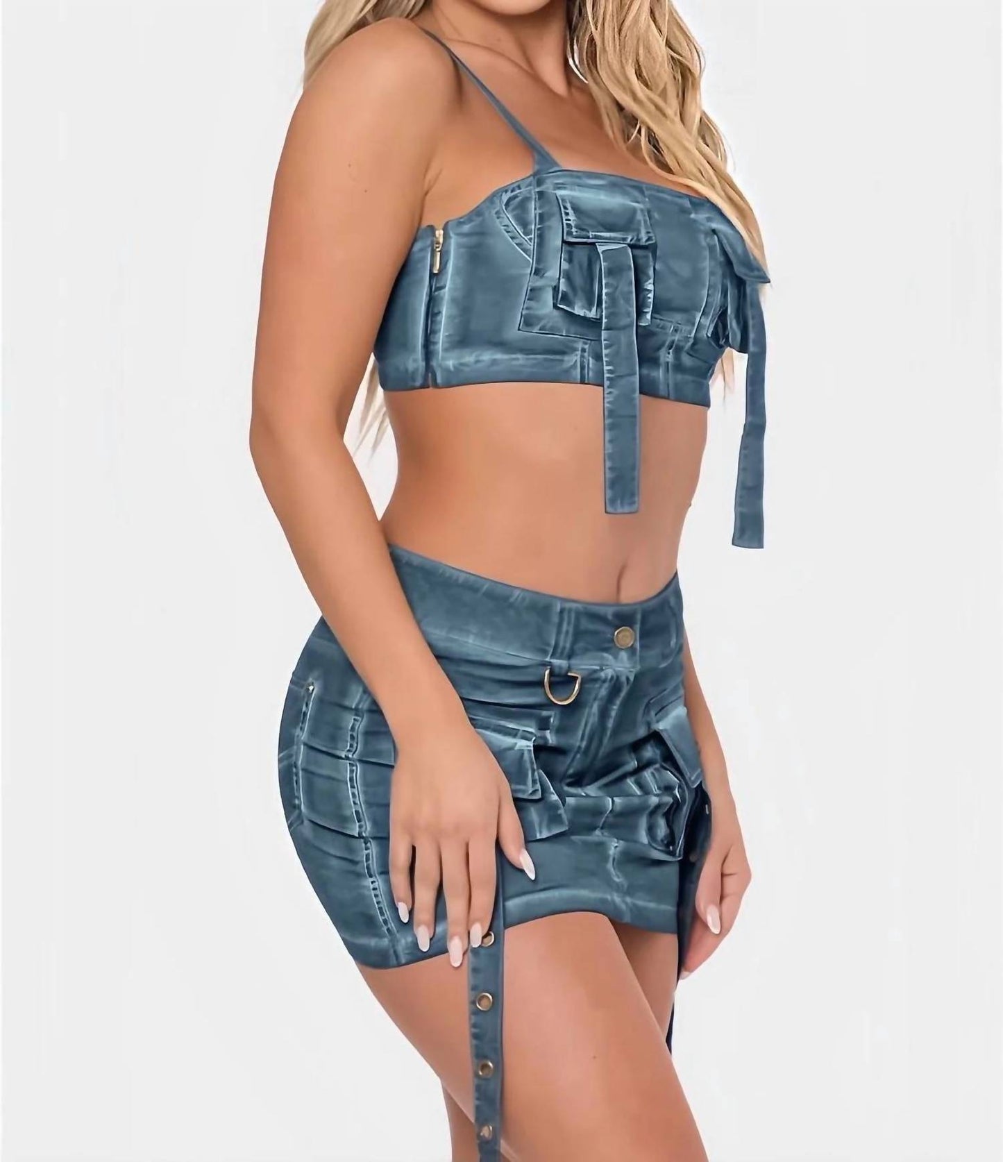 Queen Me - Matching Cargo Detail Denim Print Mini Skirt Set