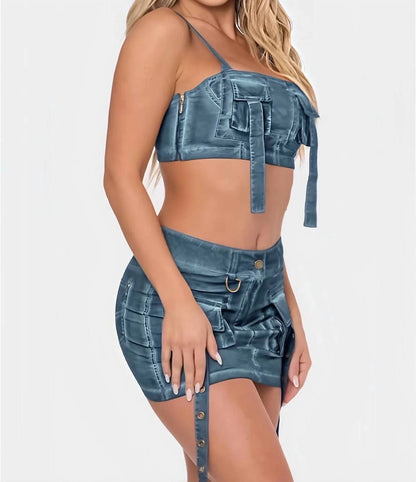 Queen Me - Matching Cargo Detail Denim Print Mini Skirt Set
