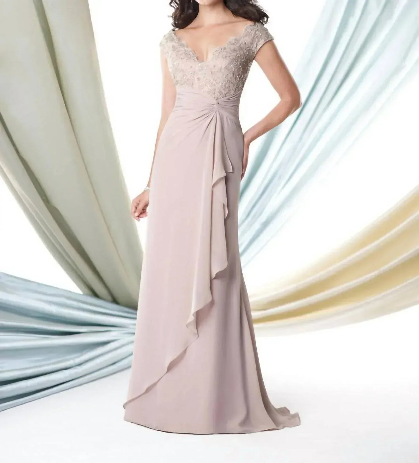Mon Cheri - Lace Cap Sleeve Ruched Empire Gown - Rack Hunt