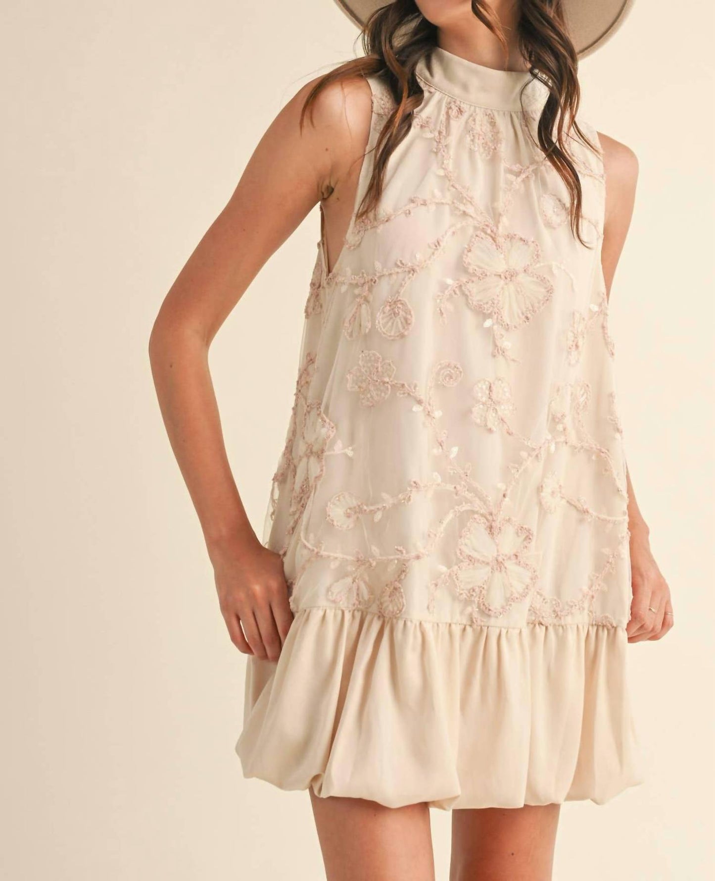 Bubble Hem Embellished Mixed Media Mini Dress