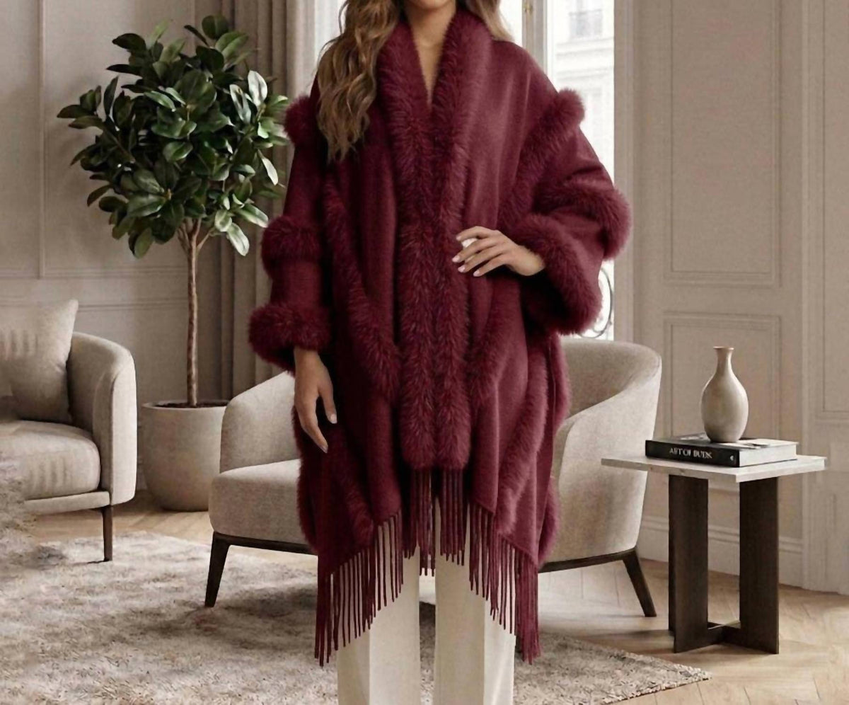Faux Fur Trim Fringe Open Front Long Cape Coat Poncho