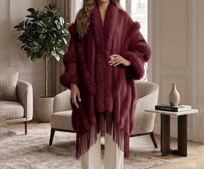 Faux Fur Trim Fringe Open Front Long Cape Coat Poncho