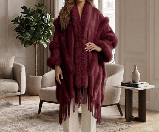 Faux Fur Trim Fringe Open Front Long Cape Coat Poncho