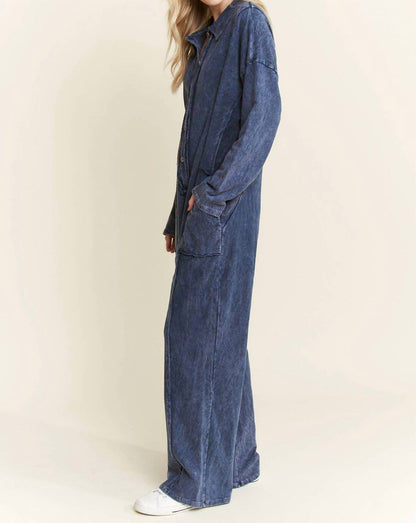 Mineral Wash Button Down Collar Onesie Jumpsuit