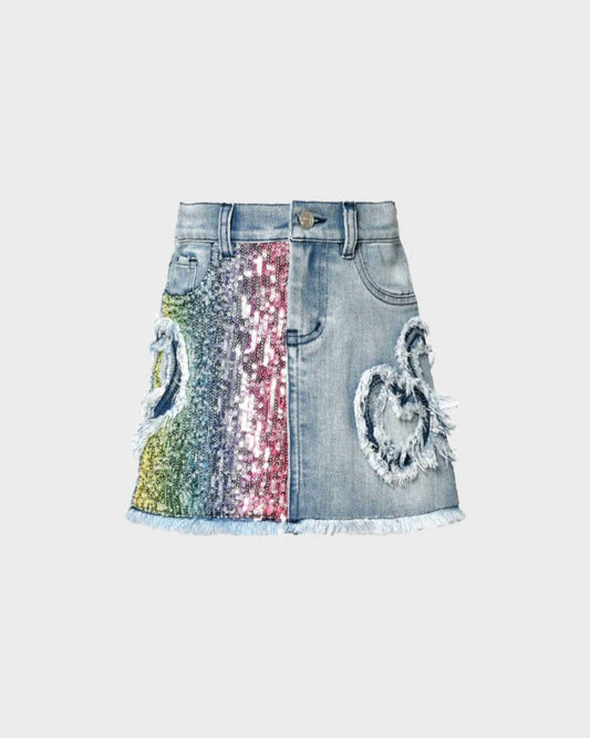 Girl's Denim Skirt With Sequin And Heart Details
