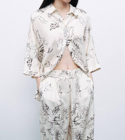 Luster Button Front Floral Blouse