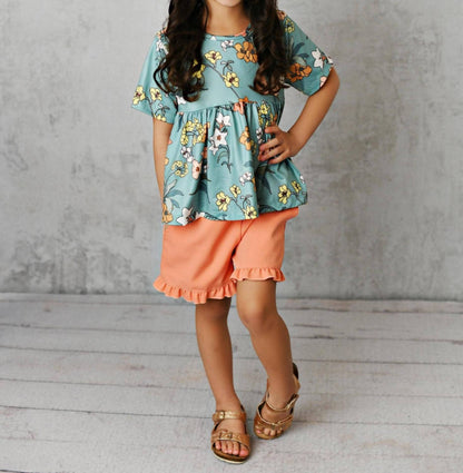 Girls Floral Ruffle Spring Pocket Short Set