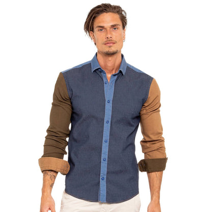 Denim Sections Stretch Button Down Shirt