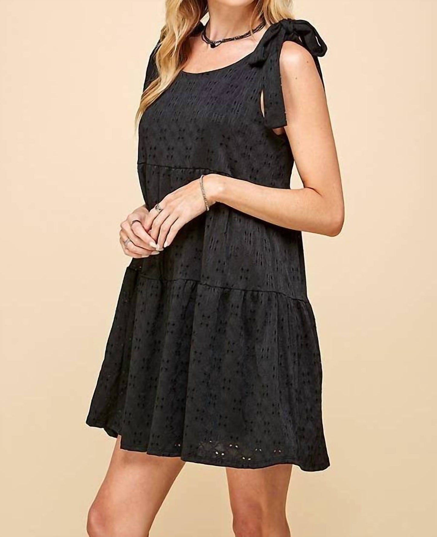 Ribbon Tie Eyelet Tiered Mini Dress