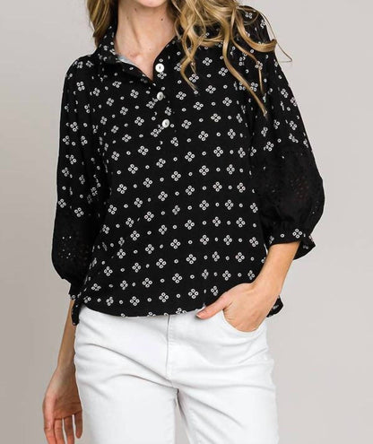 Bracelet Sleeve with Embroidered Eyelet Lace Trim Blouse