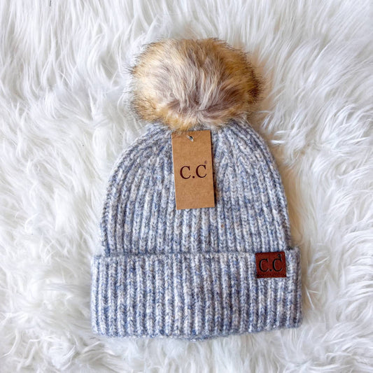 Women's Soft Ribbed Fur Pom Beanie