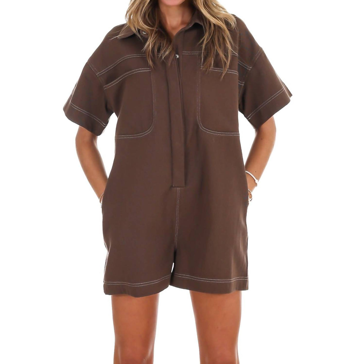 Contrast Stitch Twill Romper