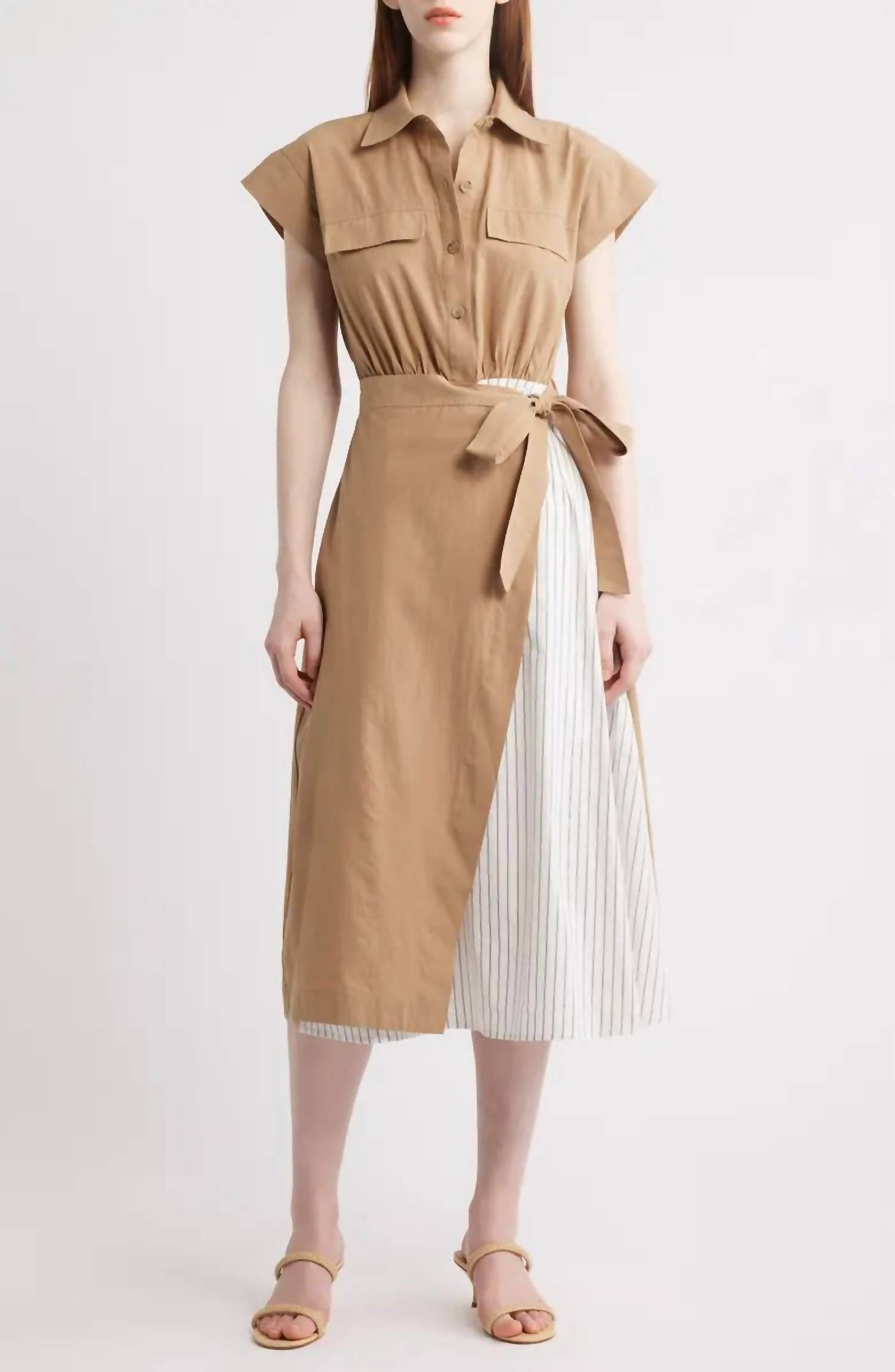 Zoe and Claire - Mixed Media Tie Waist Midi Shirtdress - Rack Hunt