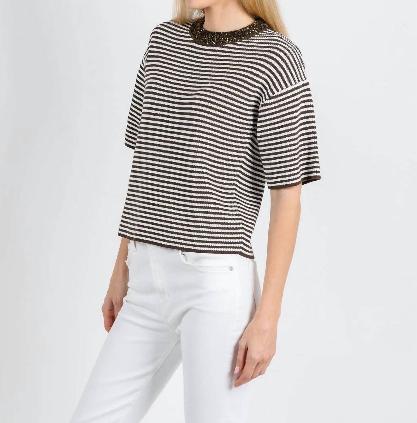 Sequin Neck Stripe Knit Sweater