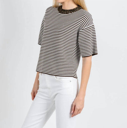 Sequin Neck Stripe Knit Sweater