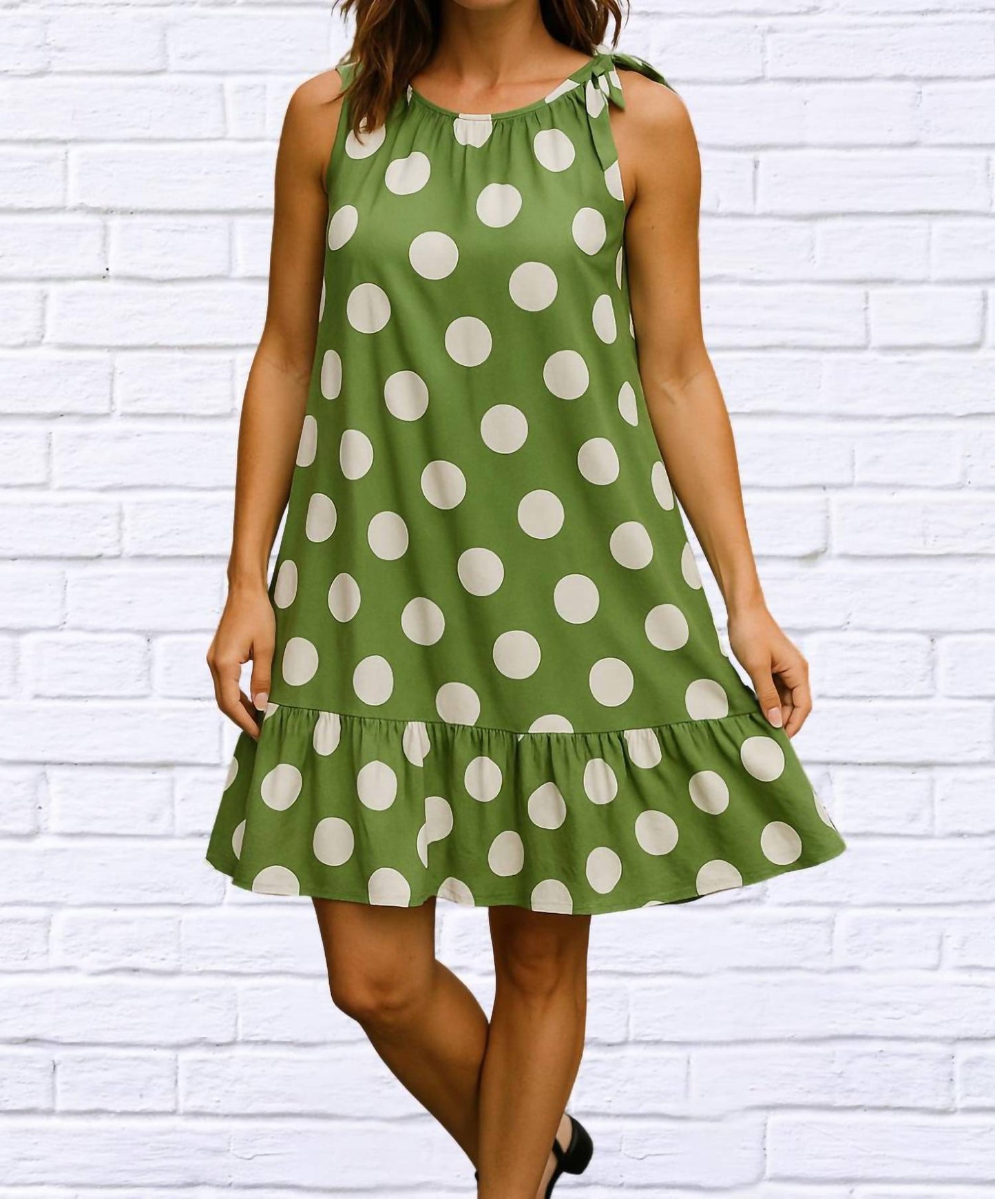 Tie Neck Gauged Trapeze Dress