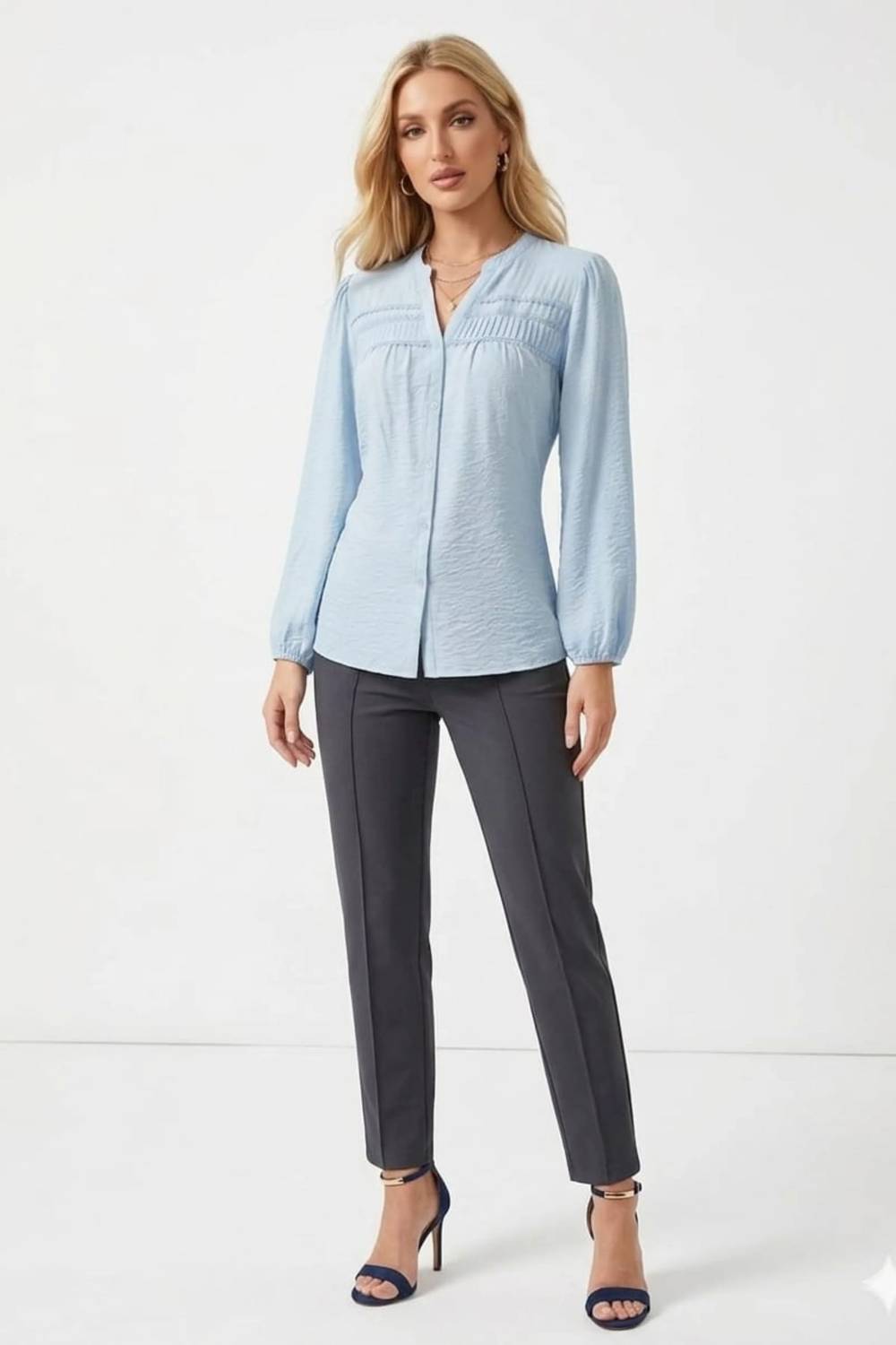 Pintuck Pleated Long Sleeve Blouse