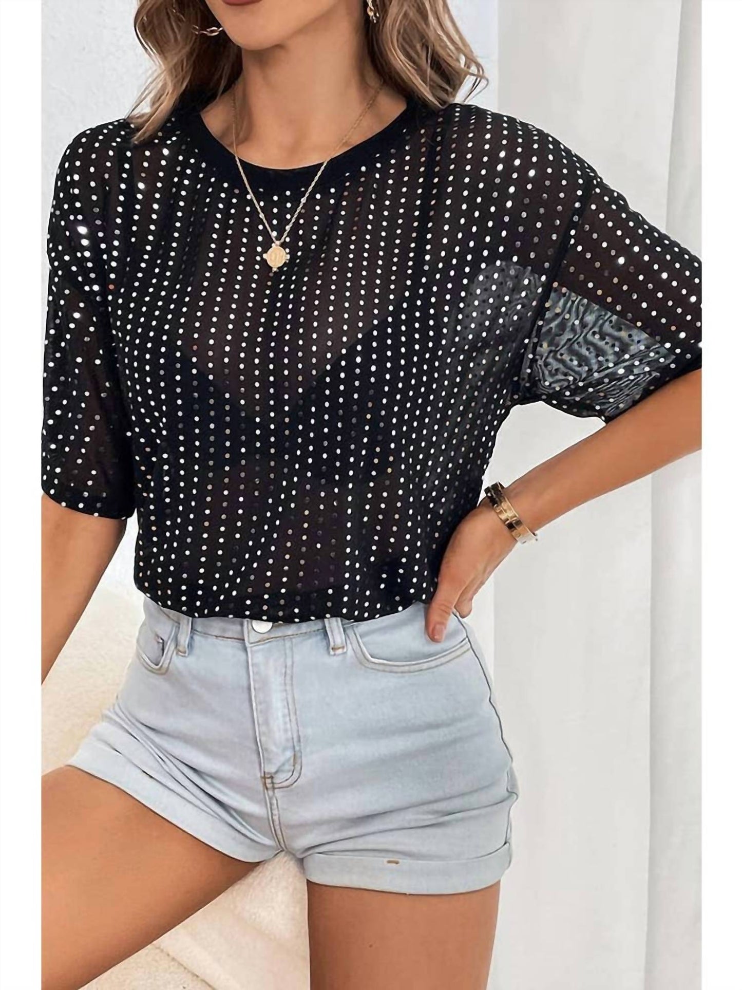 Mesh Casual Short Sleeve Sequin Top