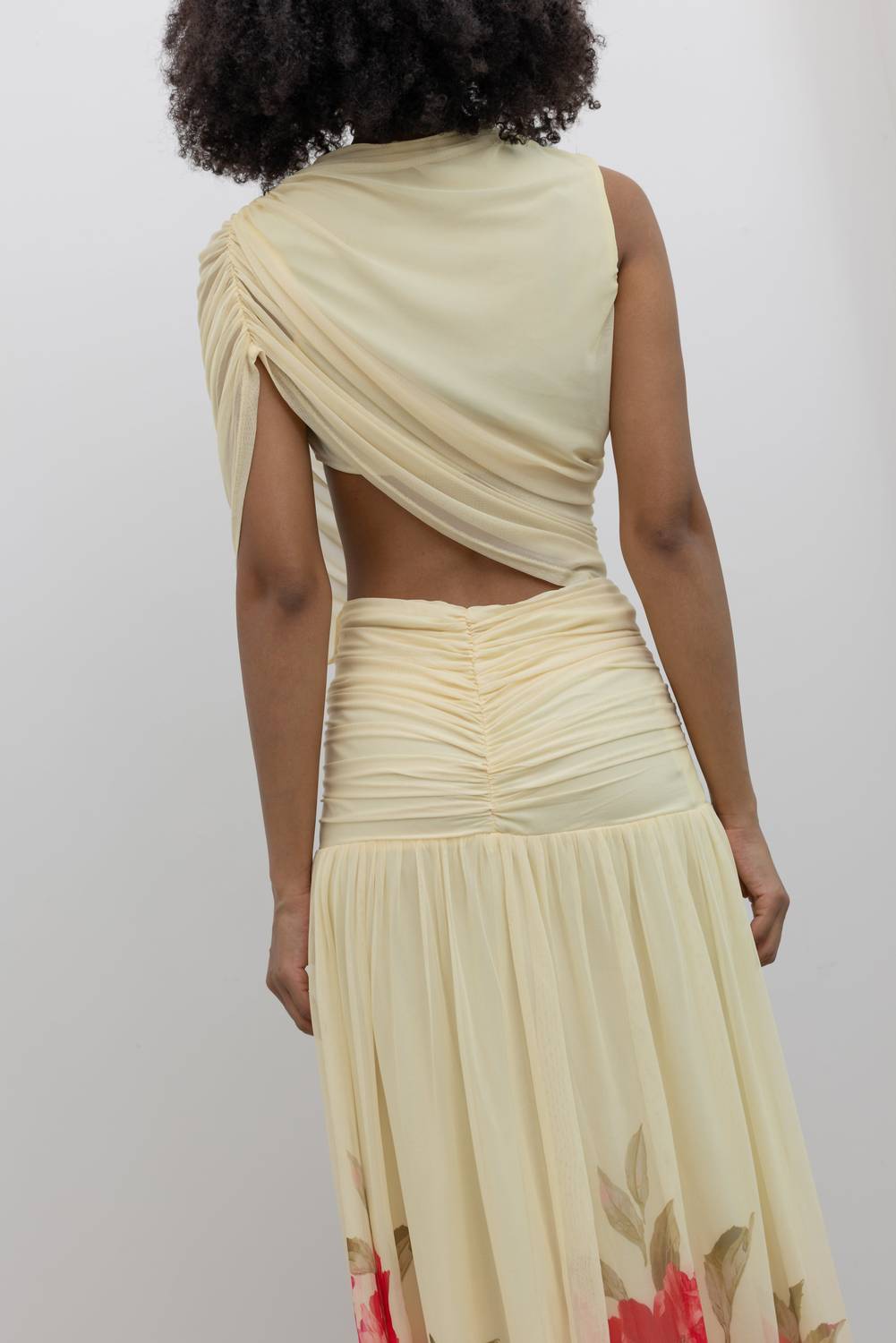 Lemon Floral Hem Draped Maxi Dress
