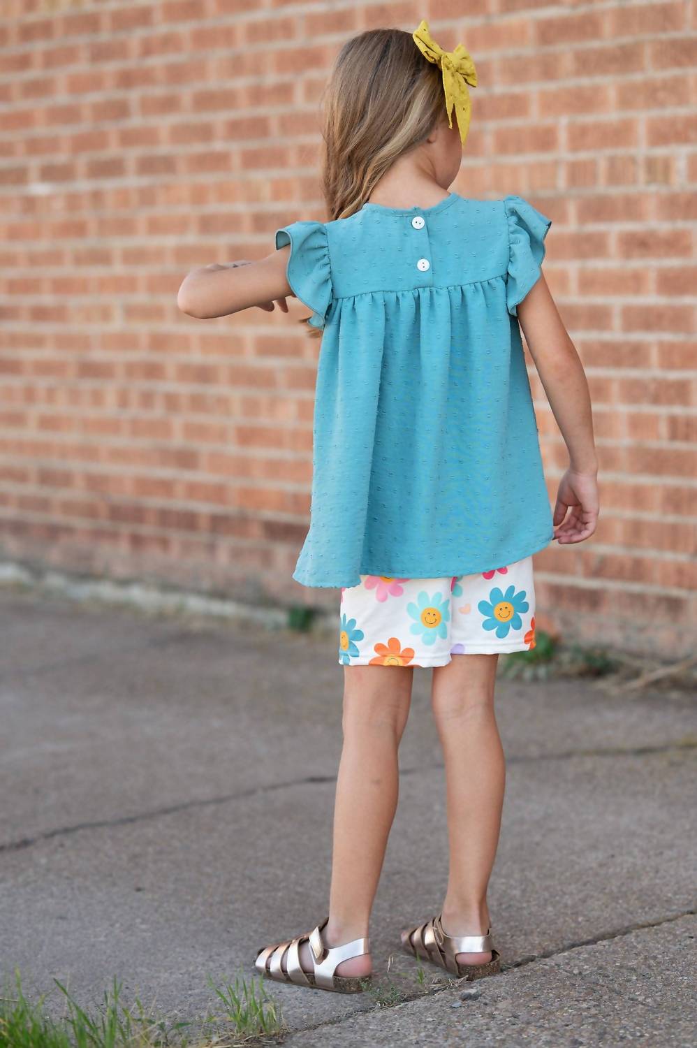 Girls Retro Happy Flower Spring Summer Short Set
