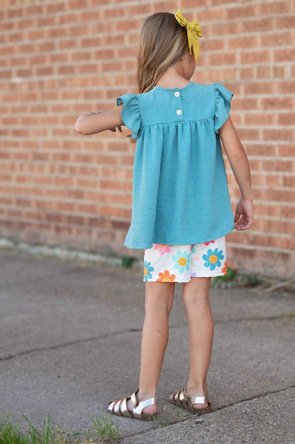 Girls Retro Happy Flower Spring Summer Short Set