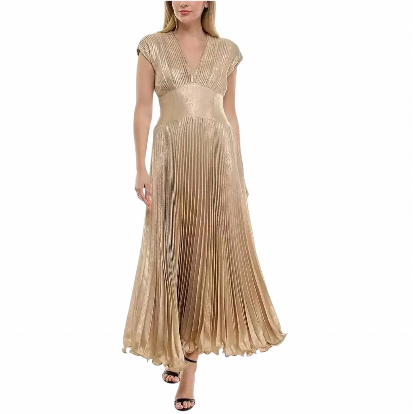 Metallic Pleated V-neck Cap Sleeve Gown