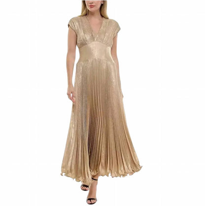 Metallic Pleated V-neck Cap Sleeve Gown