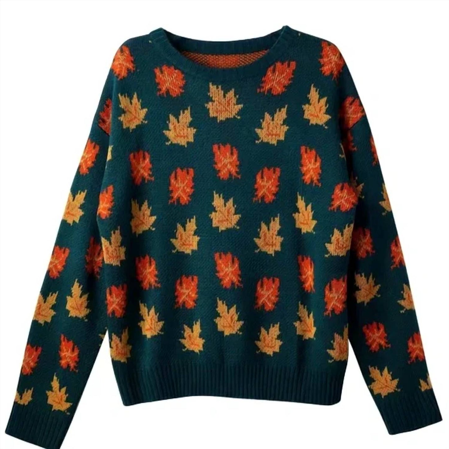 Women's Autumn Leaf Print Crew Neck Sweater