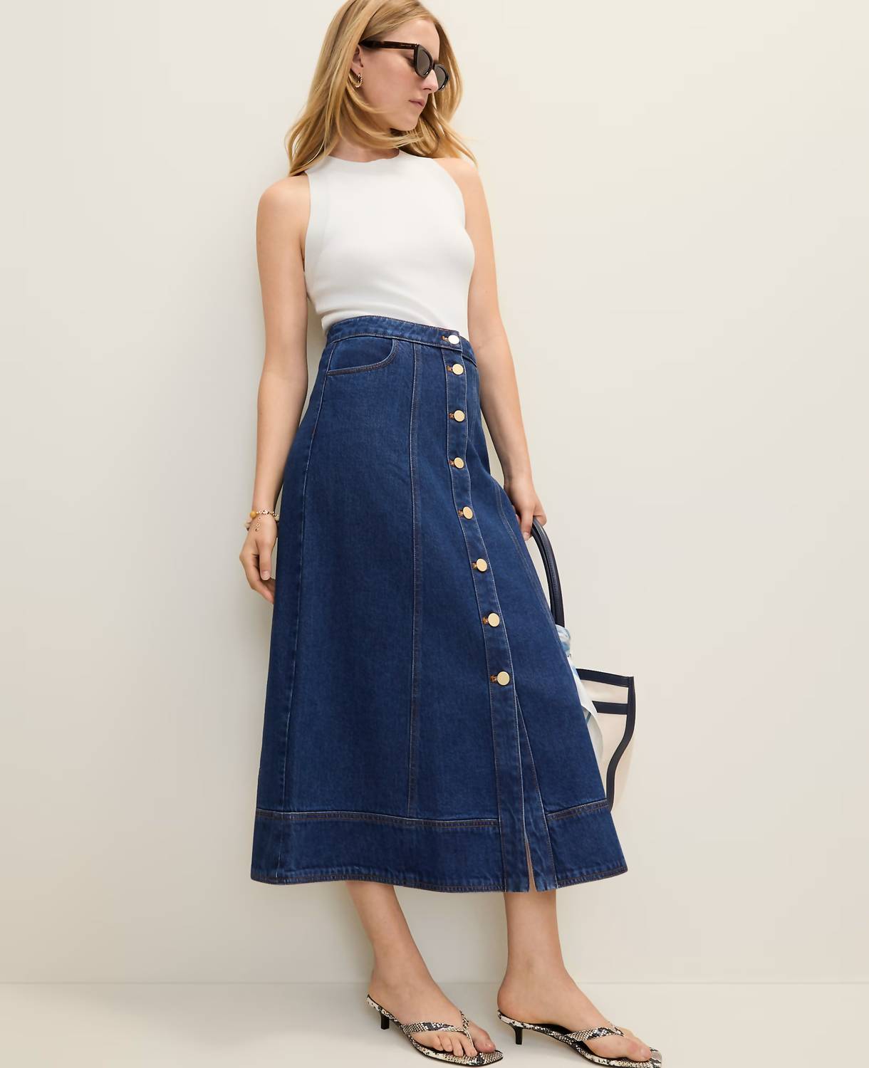 Petite Buttoned Denim Midi Skirt