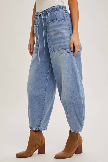 Libby Denim Mid-Waist Drawstrings Barrel Jeans