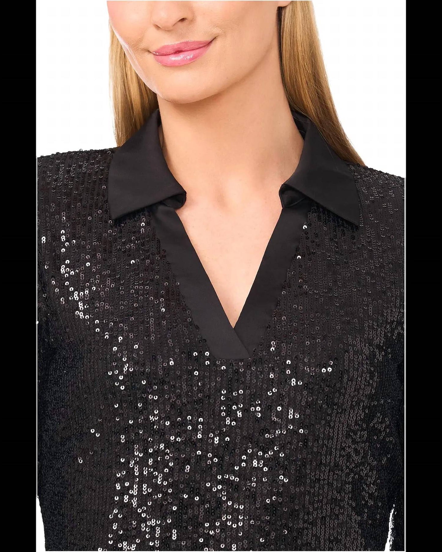 Sequin Long Sleeve Polo Top
