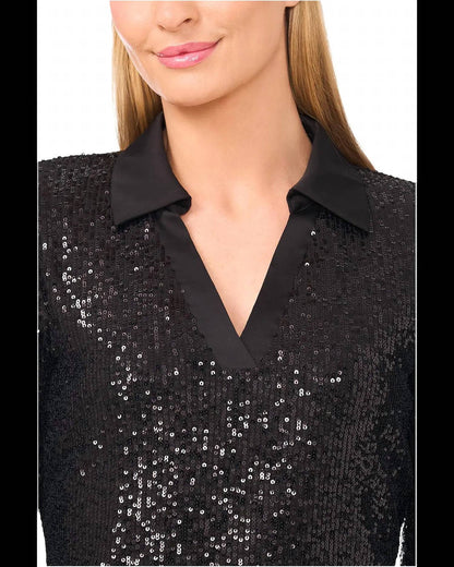 Sequin Long Sleeve Polo Top