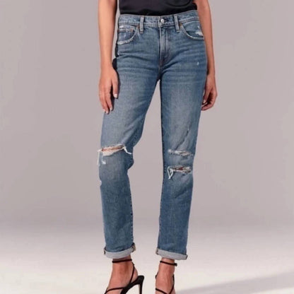 Ripped Mid Rise Boyfriend Jeans